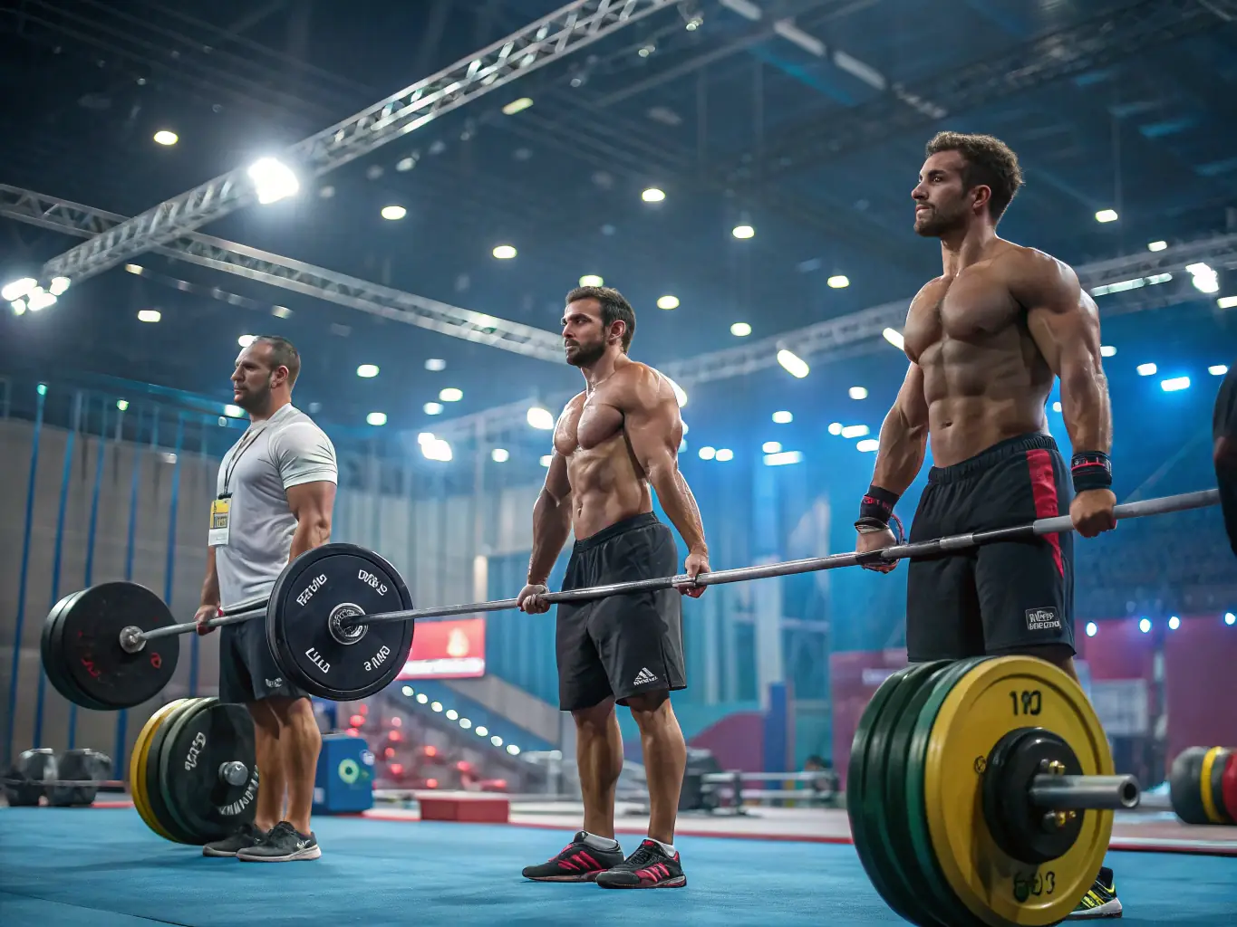 A focused image of adult athletes engaged in a strength and conditioning session, highlighting the dedication and intensity of the UNION SPORTIVE D'AVORD ATHLETISME training.
