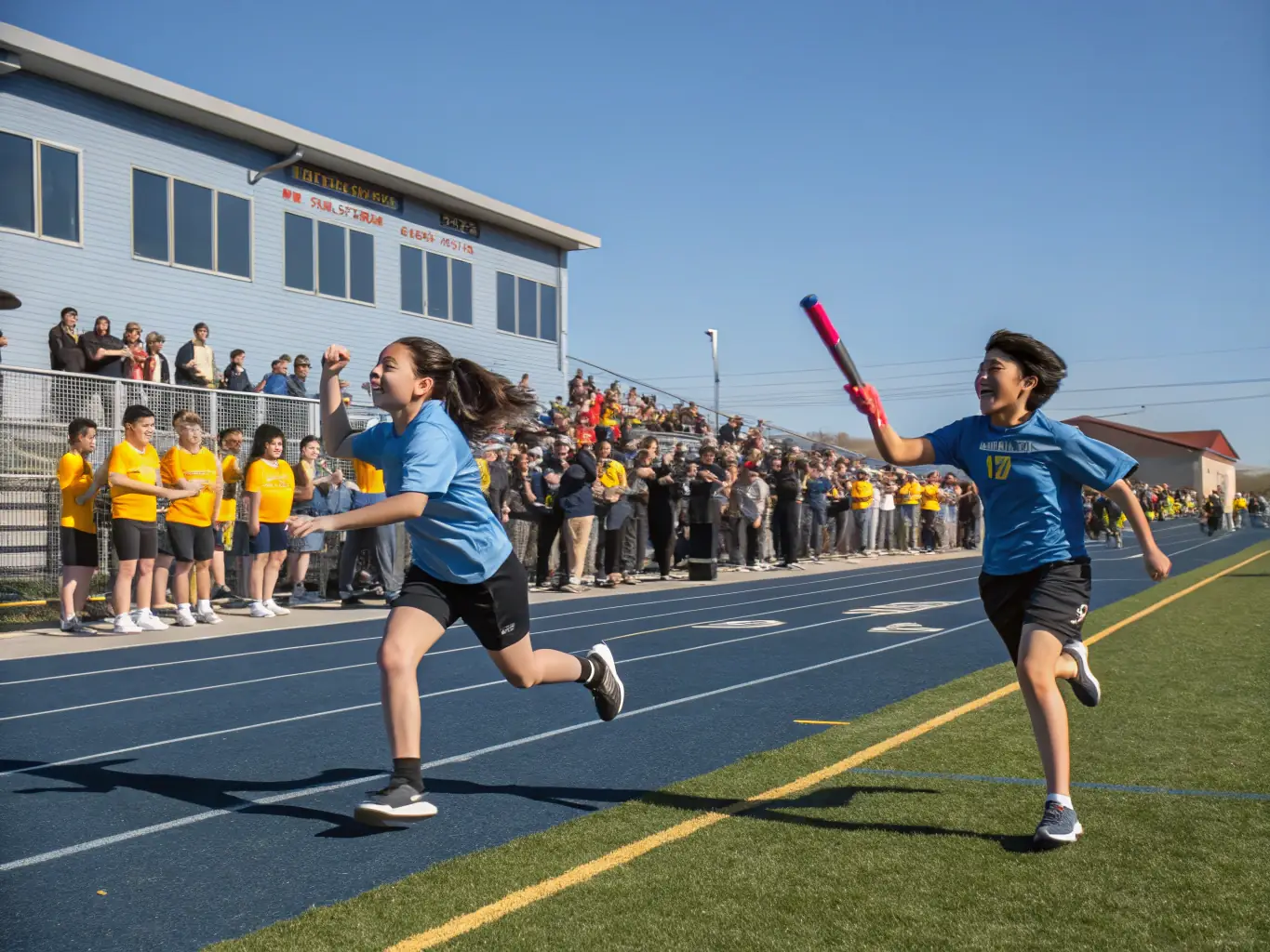 A dynamic image showcasing young athletes participating in a track and field event, focusing on the energy and teamwork involved in the training session.