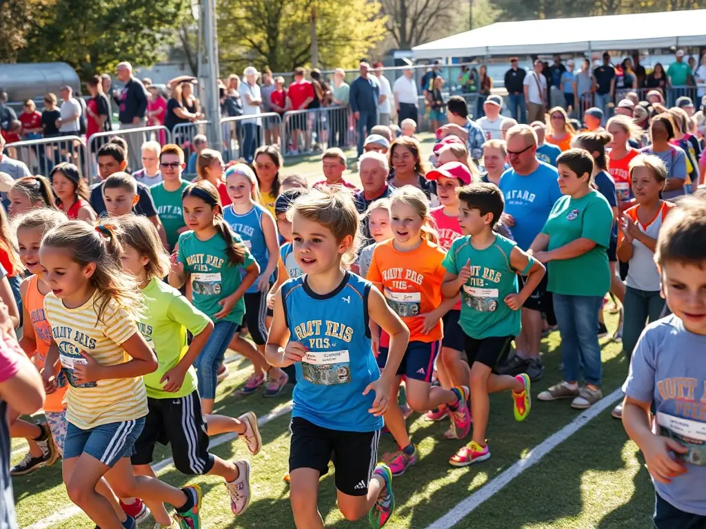 A vibrant image of young athletes participating in a track and field event, showcasing the energy and enthusiasm of the UNION SPORTIVE D'AVORD ATHLETISME programs.